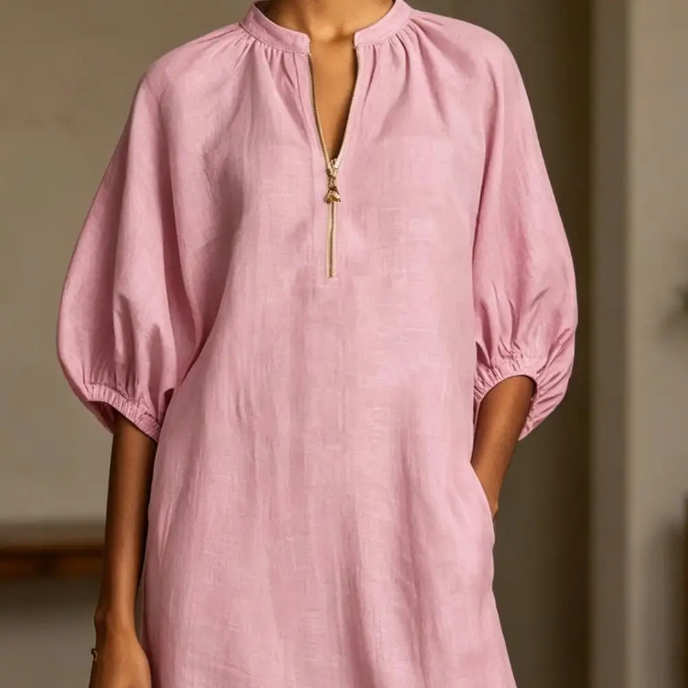 

Women's Summer Cotton Linen Dress Long Dress 2026 Summer New Elegant Holiday Short Sleeve Loose Maxi Dress Female Zipper V-Neck