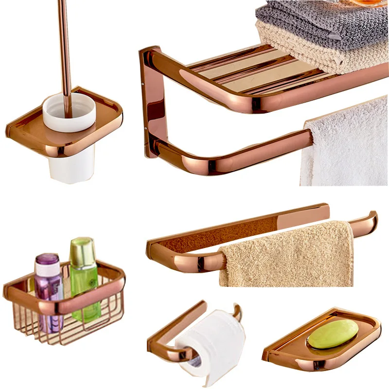 

Rose gold towel rack All copper European bath towel rack Shelf toilet brush bathroom hanging