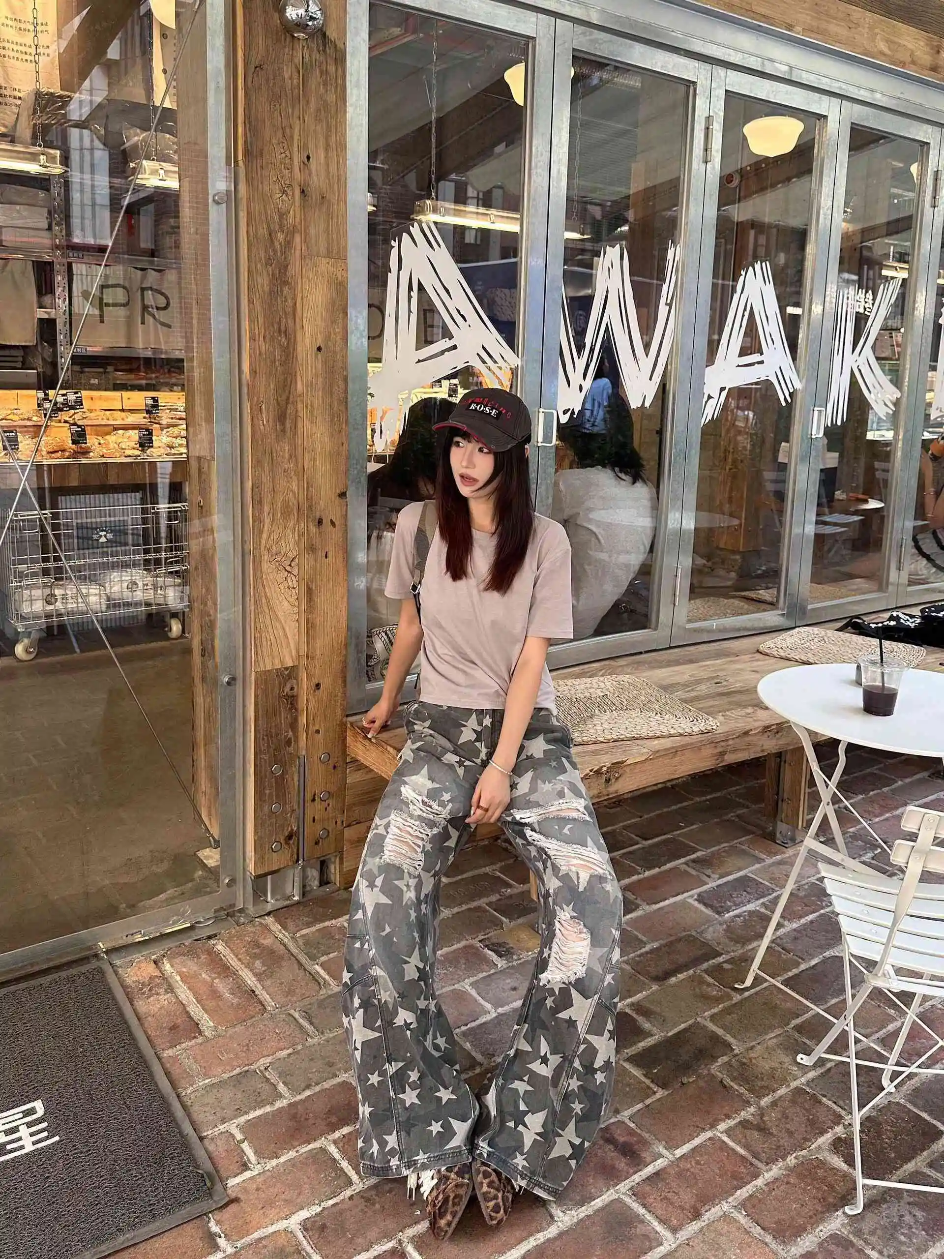 Women Vintage Star Print Ripped Jeans High Waist Classic Baggy Denim Pants Streetwear Y2K American Retro Wide Leg Trousers