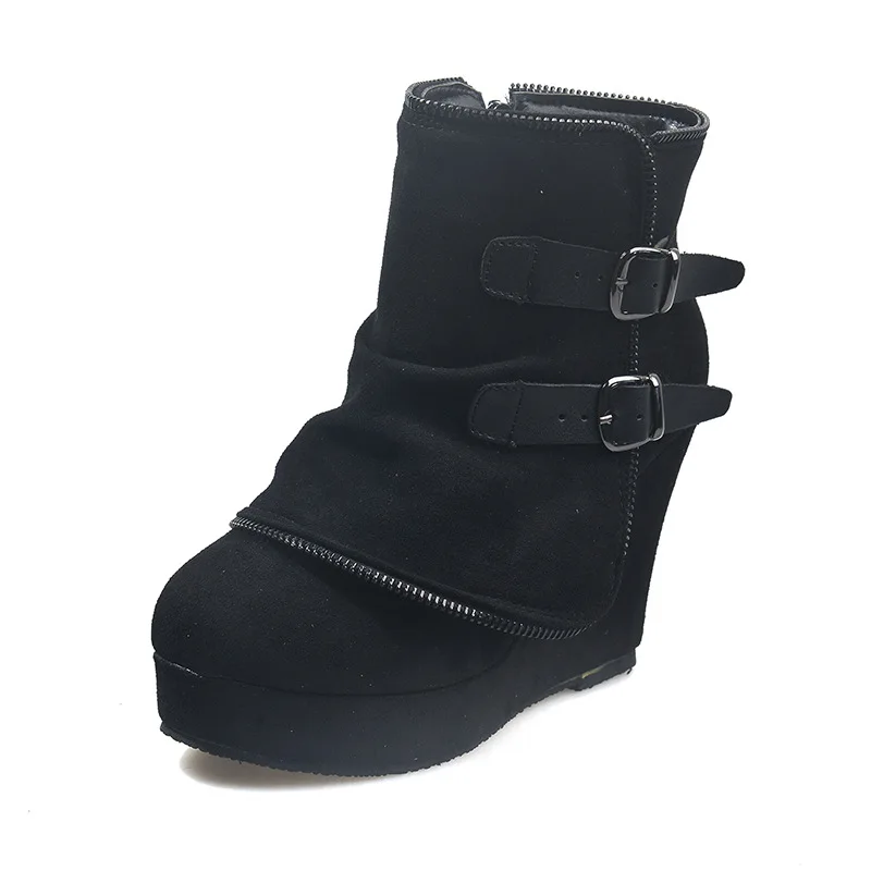 Women Wedge Ankle Boots Fashion Solid Color Buckle Side Zip Pumps Round Toe Platform Comfort Roman Boots Botas Femininas De Luxo