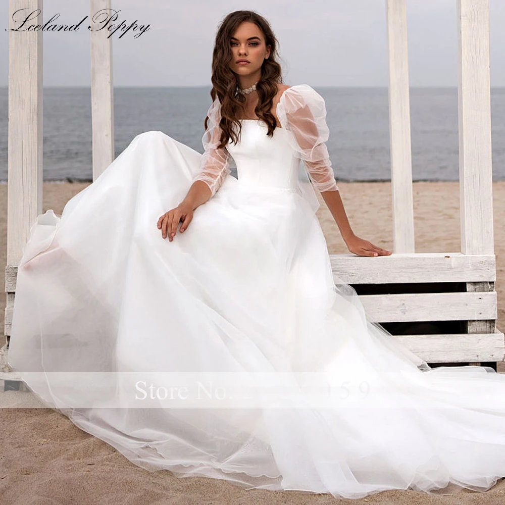 Lceland Poppy Customized A Line Strapless Boho Wedding Dresses Floor Length Beaded Belt Bridal Gowns with Removable Sleeves