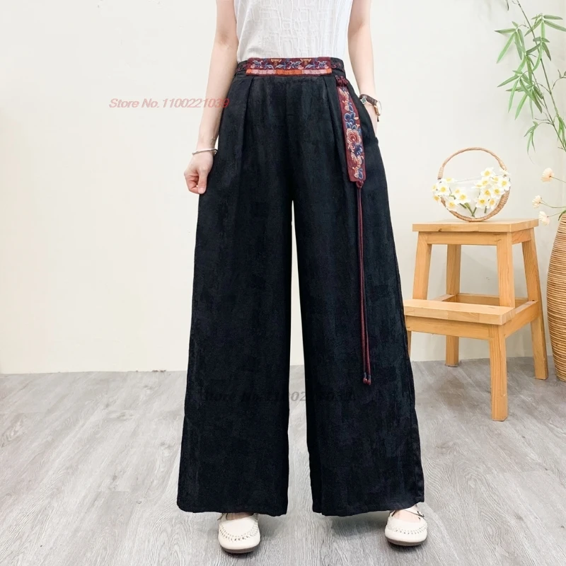 

2025 chinese vintage folk pants retro satin jacquard trousers national flower embroidery ethnic elastic waist wide leg trousers