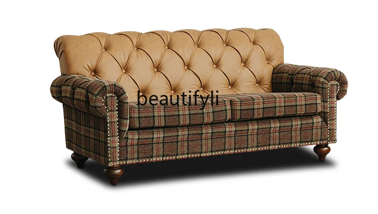 

Retro Leather Sofa American Fabric British Lattice Ecological Leather Living Room Small Apartment French Entry Lux Two People