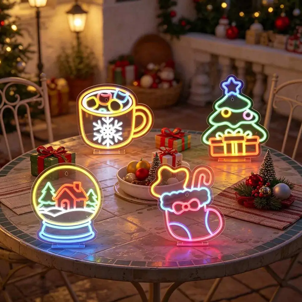 Led Holiday Decorations for Home Christmas Led Neon Sign with Stand Santa Claus Elk Snowman Decorative Light Christmas for Home