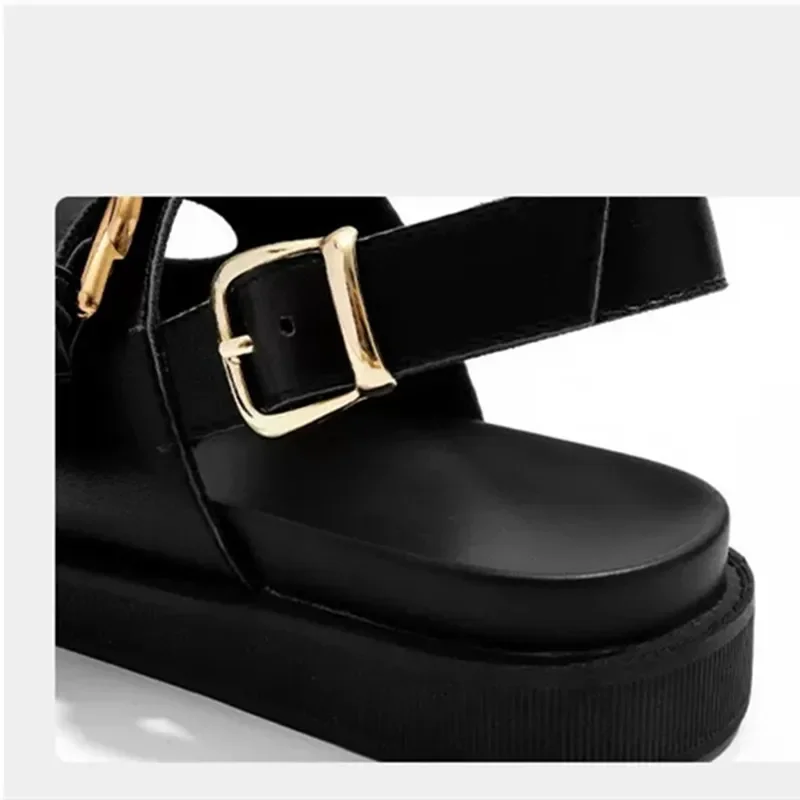 Retro Fashion Design Slide Slippers Women 2024 Summer Black Soft Leather PU Metal Buckle Flat Sandals Light Non-Slip Beach Shoes