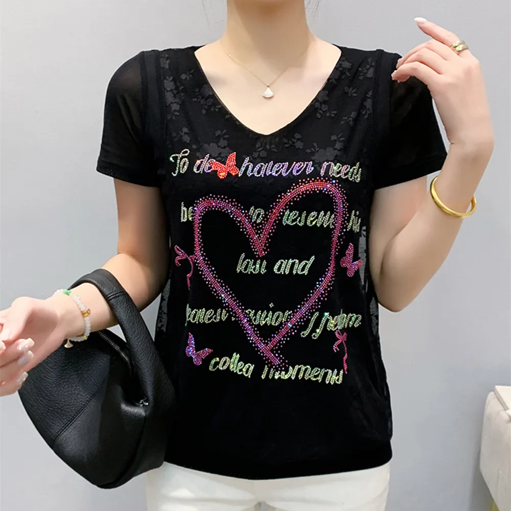 

Black Short Sleeve T Shirt Women Diamonds Letters Sexy Slim Summer Basic T-shirt Female O Neck Korean Fashion