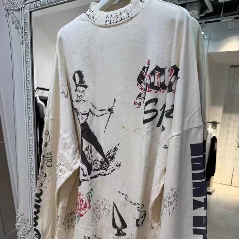 High Street Vintage Concrete White Premium Quality T-Shirt Long Sleeve Cartoon Graffiti Print SAINT T