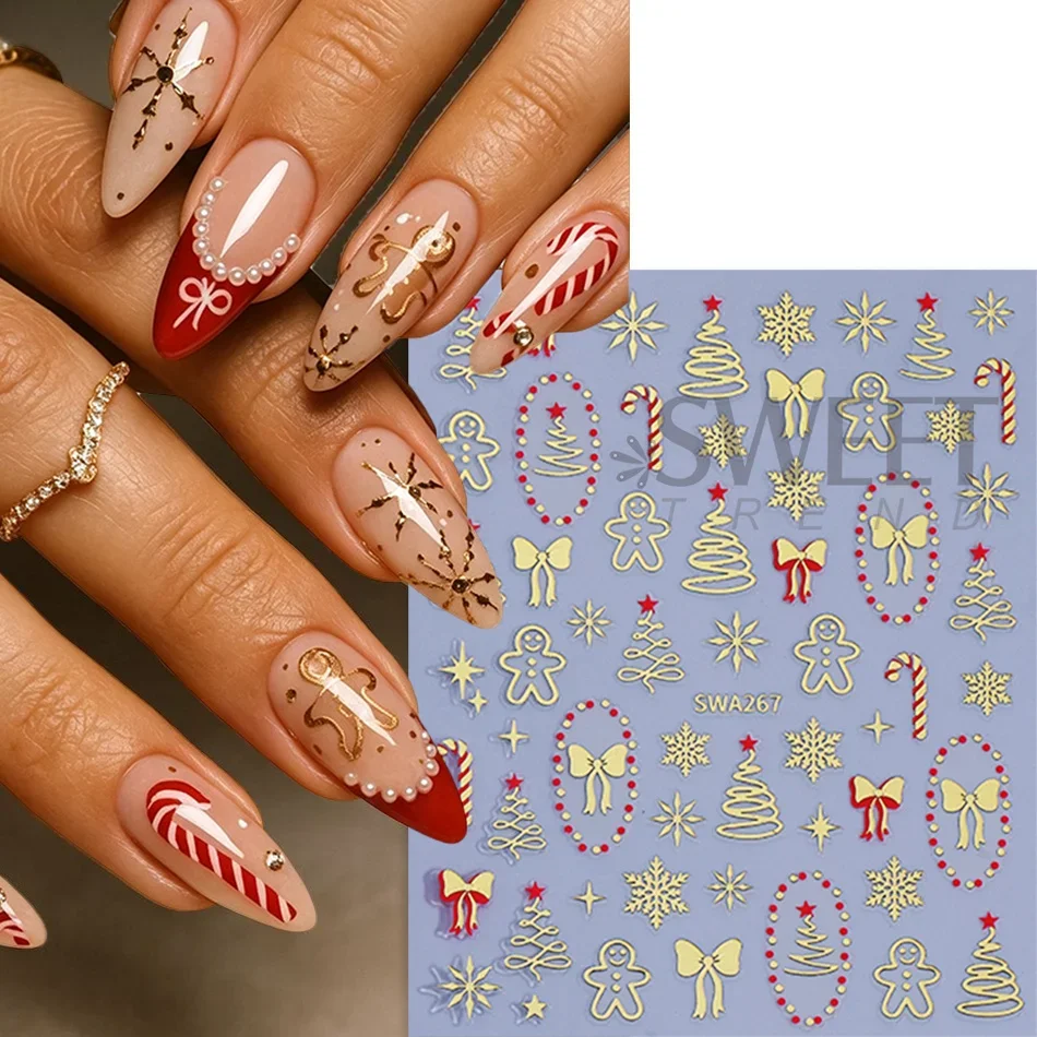 3pcs Christmas Bronzing Nail Stickers Gold Bow Gingerbread Elk Snowflake Candy Cane Nail Decals Xmas Winter DIY Manicure Decor