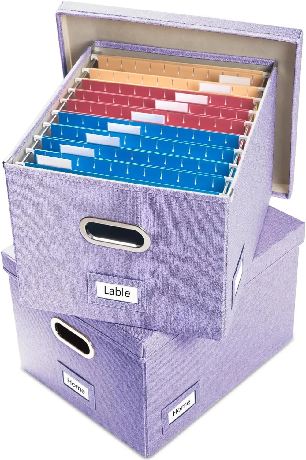 مجموعة صناديق تنظيم الملفات القابلة للطي مكونة من قطعتين - مجلدات تخزين من الكتان للمكتب والمنزل والحروف/المستندات ذات الحجم القانوني باللون الأرجواني