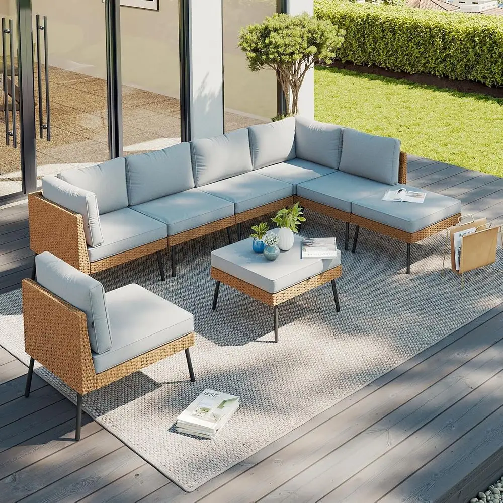 

Серый комплект садовой мебели из 8 предметов с толстыми подушками и пуфиками для сада и вечеринок на заднем дворе