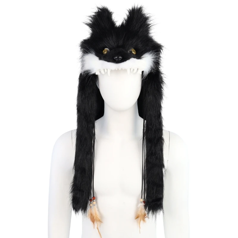 Furs Wolf Head Hat Werewolves Cosplay Headpiece Barbarians Headress for Adults,Plush Wolf Head with Upright Ears, Visible Teeth