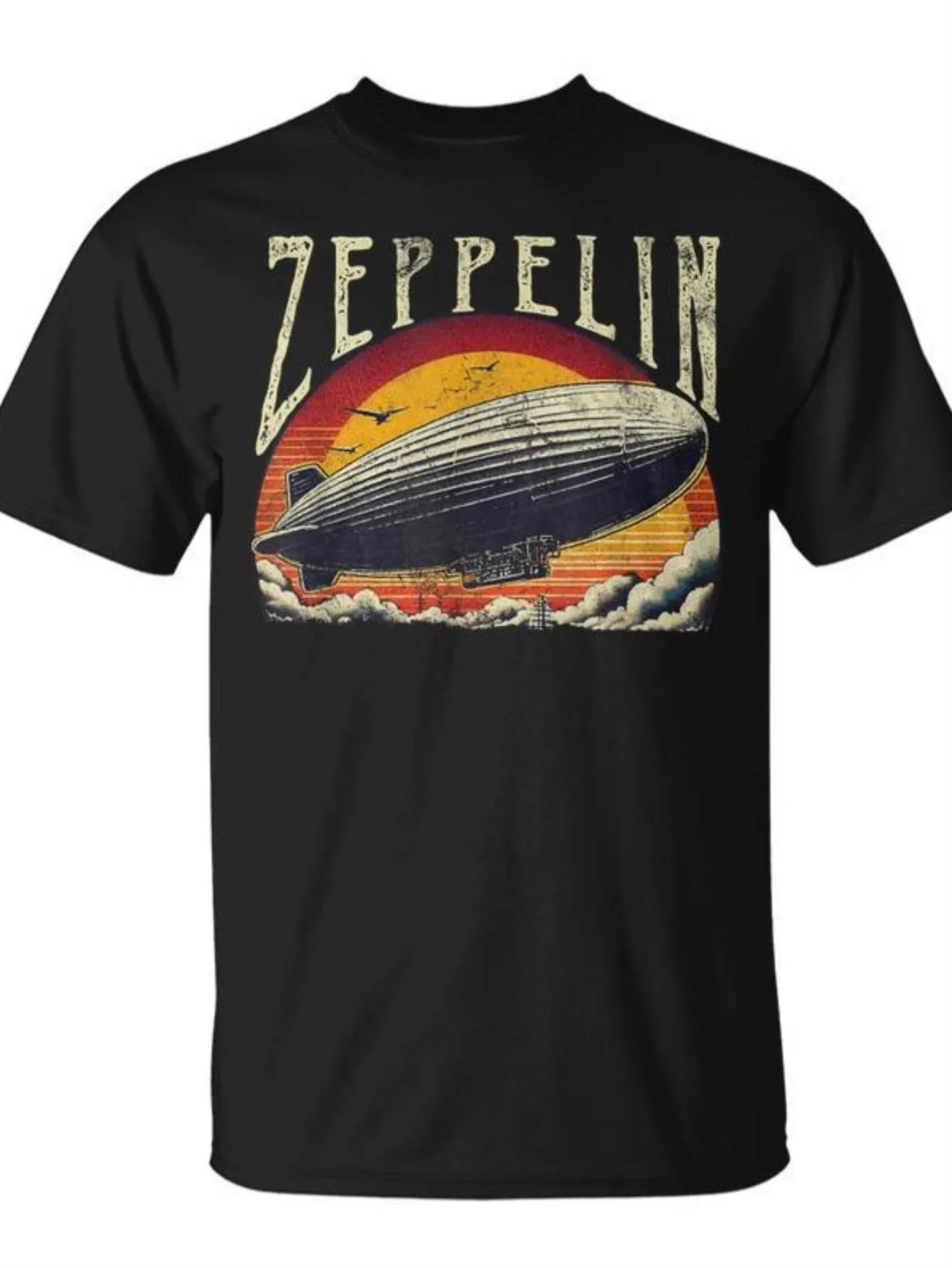 Vintage Zeppelin Pattern T-Shirt - Retro Zeppelin Design from the 70S and 80S, Black Crew Neck Short Sleeve, Breathable and Comfortable Regular Fit, Machine Washable All-Season Casual Shirt, All-Season Apparel, Breathable T-Shirt, Vintage Pattern T-Shirt, Everyday Wear, Classic Printed T-Shirt, Durable Material, Streetwear Enthusiasts
