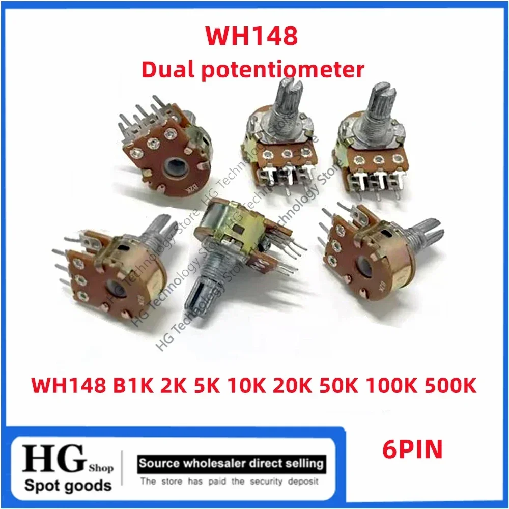 5PCS/Lot WH148 B1K 2K 5K10K 20K 50K 100K 250K 500K 1M Ohm 6 Pin 15mm 20mm Shaft Amplifier Dual Stereo Potentiometer