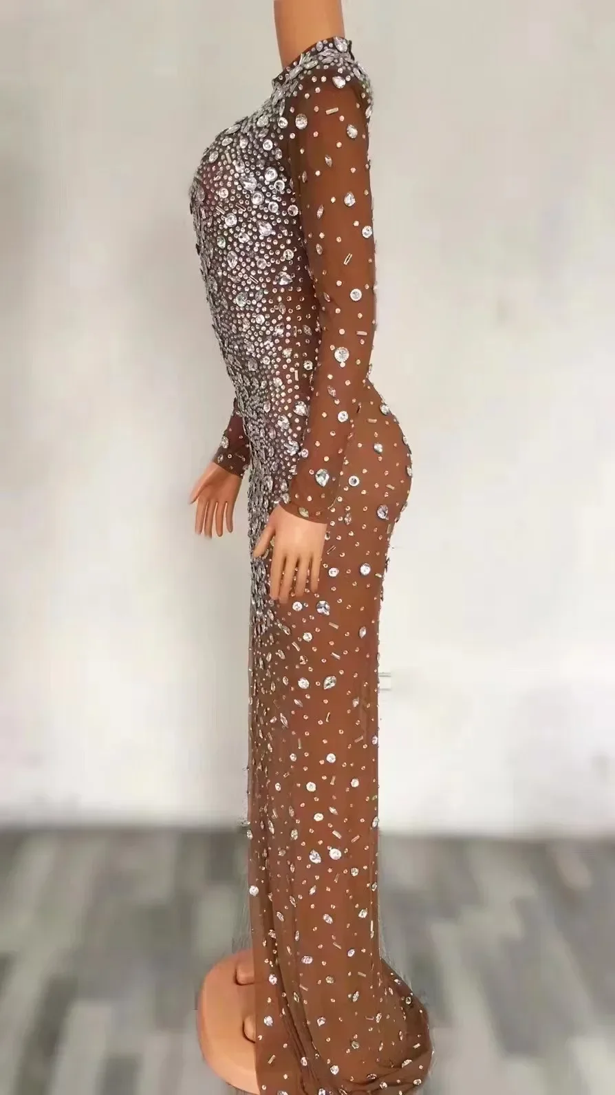 Sexy Stage Sparkly Silver Rhinestones Transparent Evening Long Dress Birthday Celebrate Crystals Costume Dancer Prom Club Dress