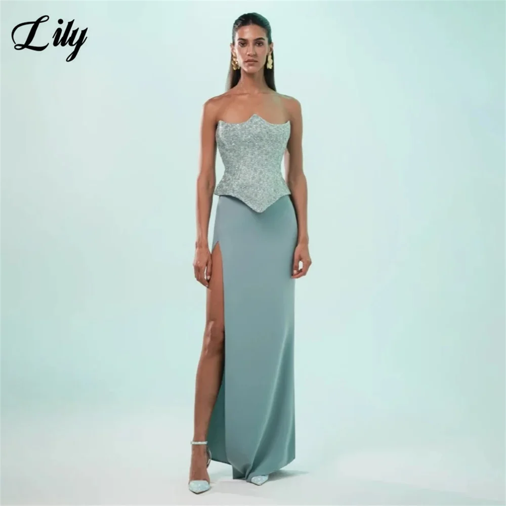 

Lily Dusty Blue Party Dress with High Split Evening Dress Lace Up Back فساتين السهرة Slim Fit Gala Dress Customized