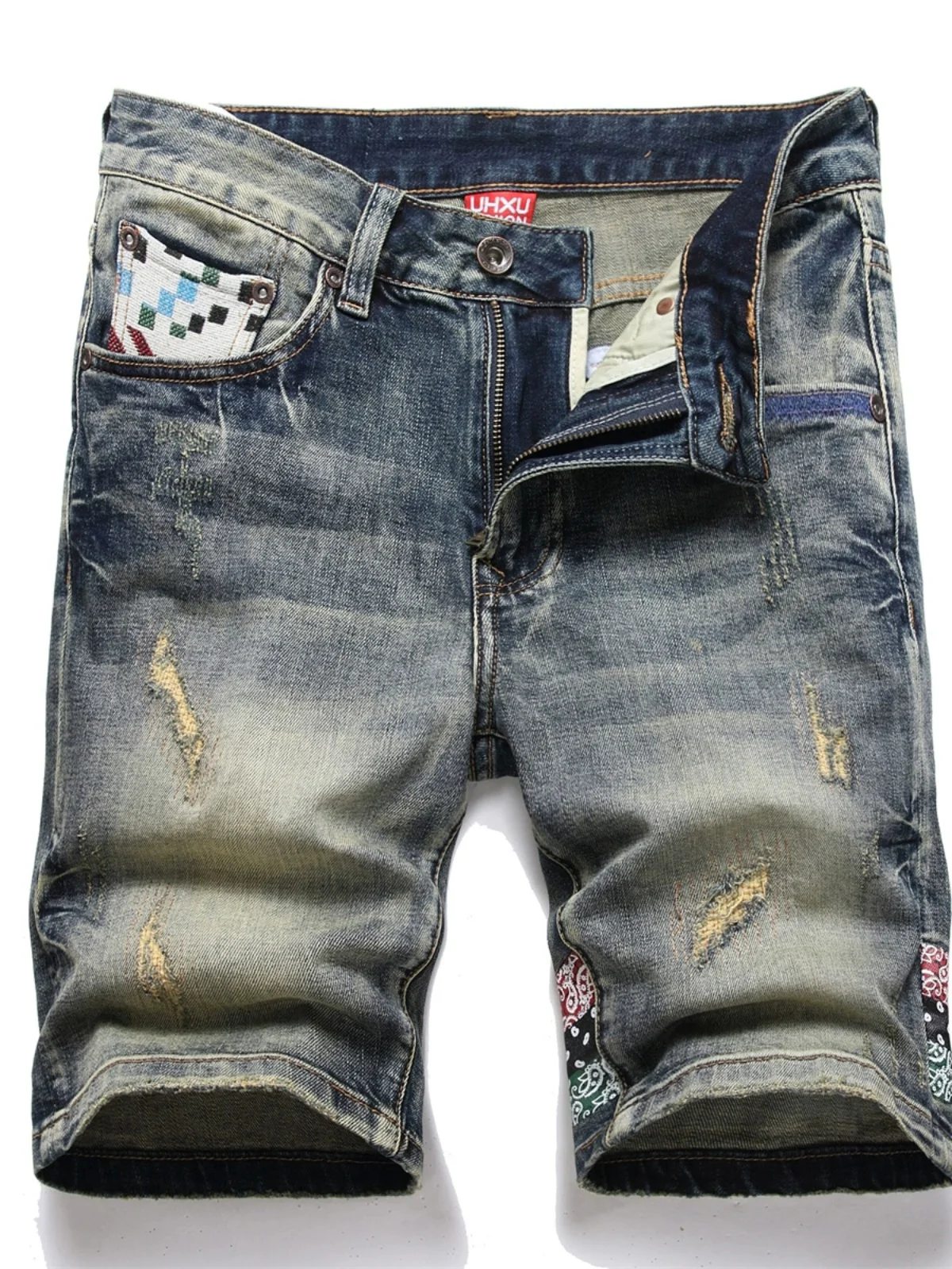 

Retro Hole Five-Point Men's Denim Shorts Elastic Slim Straight-Eyed Patchwork Color Trendy Match Mid-Pants Cotton Stretch Denim