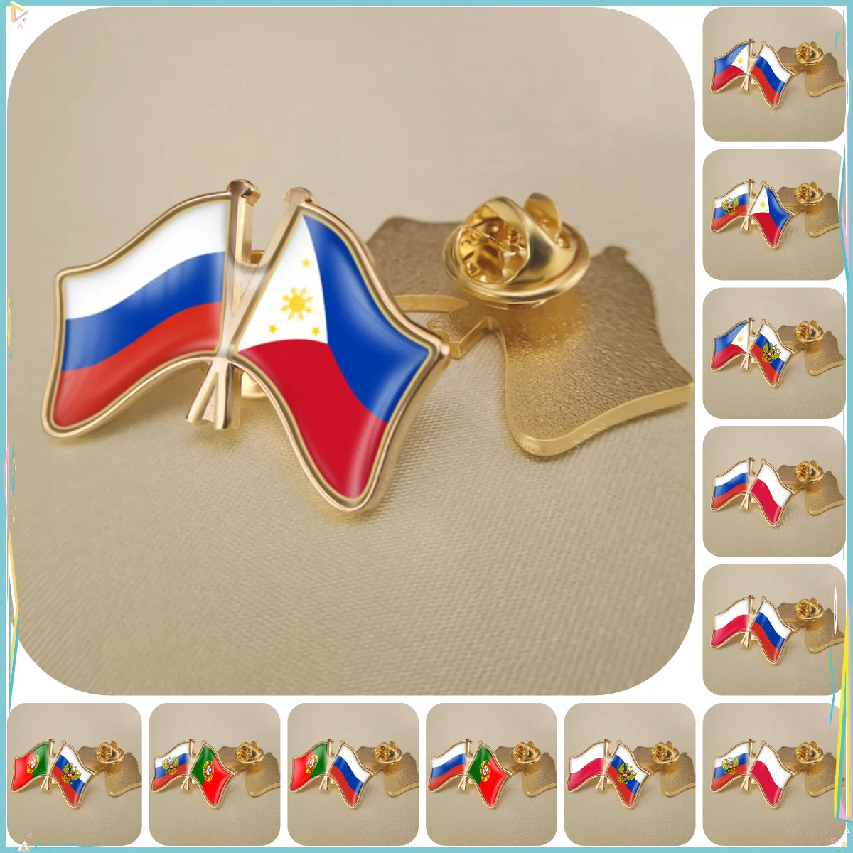 Russian Federation and Philippines Poland Portugal Double Crossed Friendship Flags Brooches Lapel Pins Badges