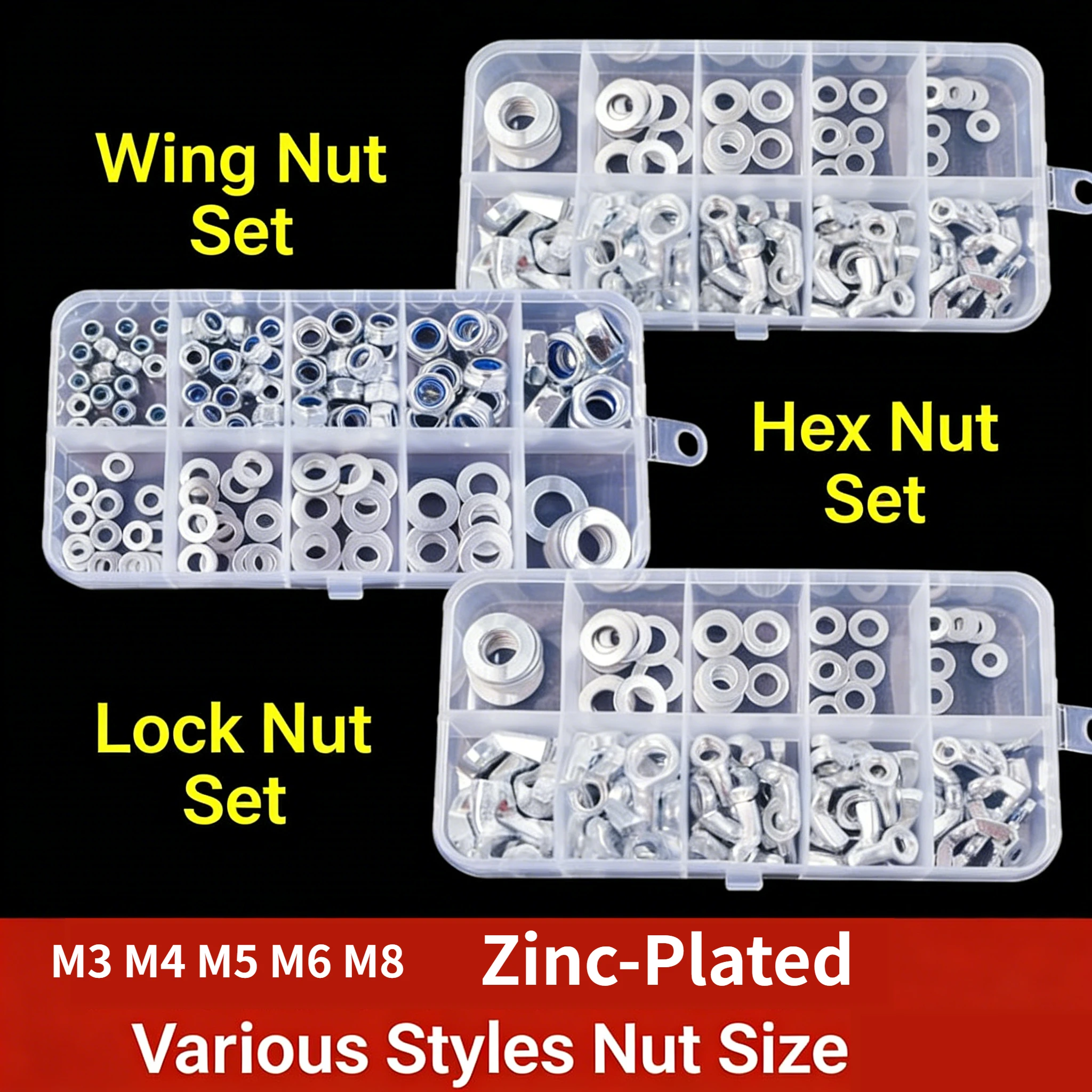 152pcs Galvanized Carbon Steel Wing Butterfly nut Hexagonal Lock Nut Assortment Kit Metric Nylon Insert Locknut M3 M4 M5 M6 M8