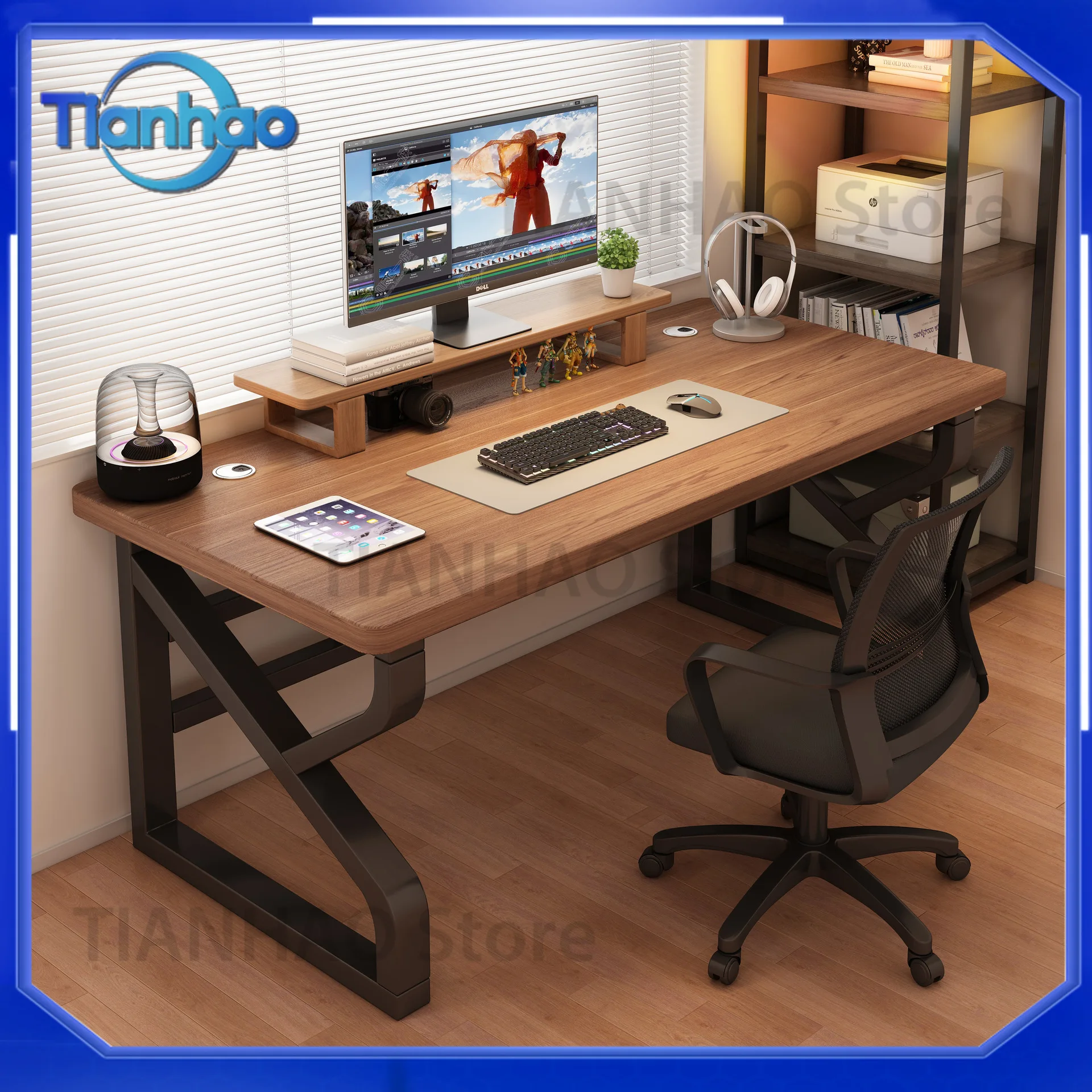 Desk for Computer Use with Bookshelf for Home Study and Office Work Long Table Minimalist Gaming Desk for PC Gaming Chair