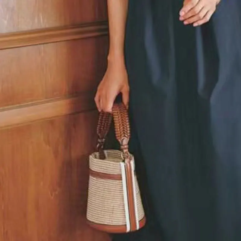 

Fashion Retro Bucket Casual Woven PU Leather Tote Women Handbag Shoulder Bag Shopping Crossbody Female Purse