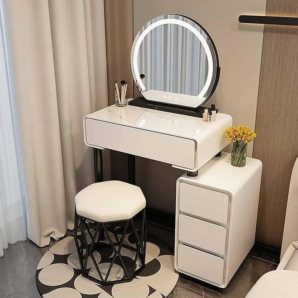 Vanity Desk with Mirror and Lights, Makeup Vanity Desk Dressing Table with Charging Station 5 Drawers & Cabinet for Girls Women