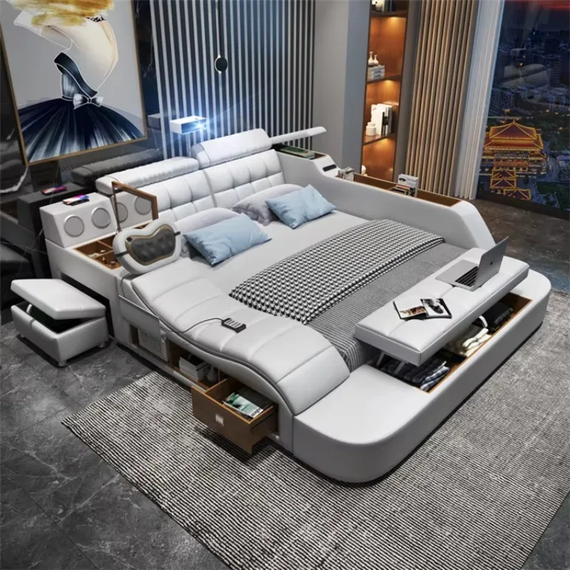 أثاث غرفة النوم جلد ديلوكس سرير كينج خشبي حديث متعدد الوظائف تخزين تدليك غطاء سرير راقي #6