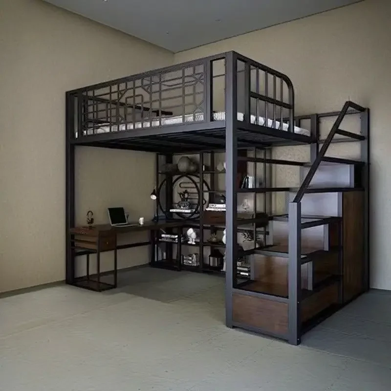 سرير من الحديد المطاوع على الطراز الصيني الجديد، إطار حديدي عتيق، ملاءة سرير مرتفعة من النوع العلوي