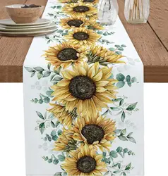 Green Eucalyptus Leaves Linen Table Runners Farmhouse Yellow Sunflower Table Runner for Kitchen Dining Table Wedding Party Decor