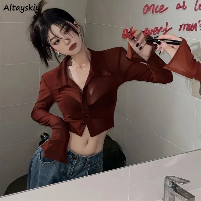 Chic Shirts for Women All-match Sheer Sexy Girls Casual Skinny Comfortable Single Breasted Korean Style Stylish Popular Niche