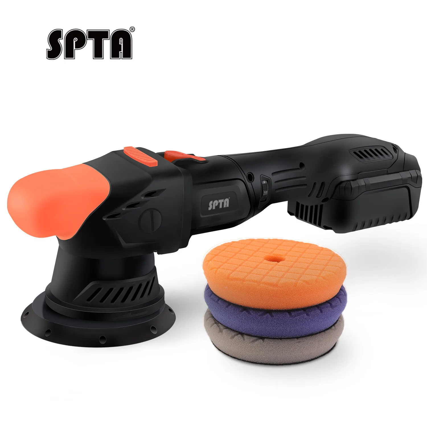 SPTA CP404 5Inch 18V Cordless Dual Acton Polisher,Cordless Portable-type Car Polisher Orbit 9mm/12mmm with Spong Polishing Pads