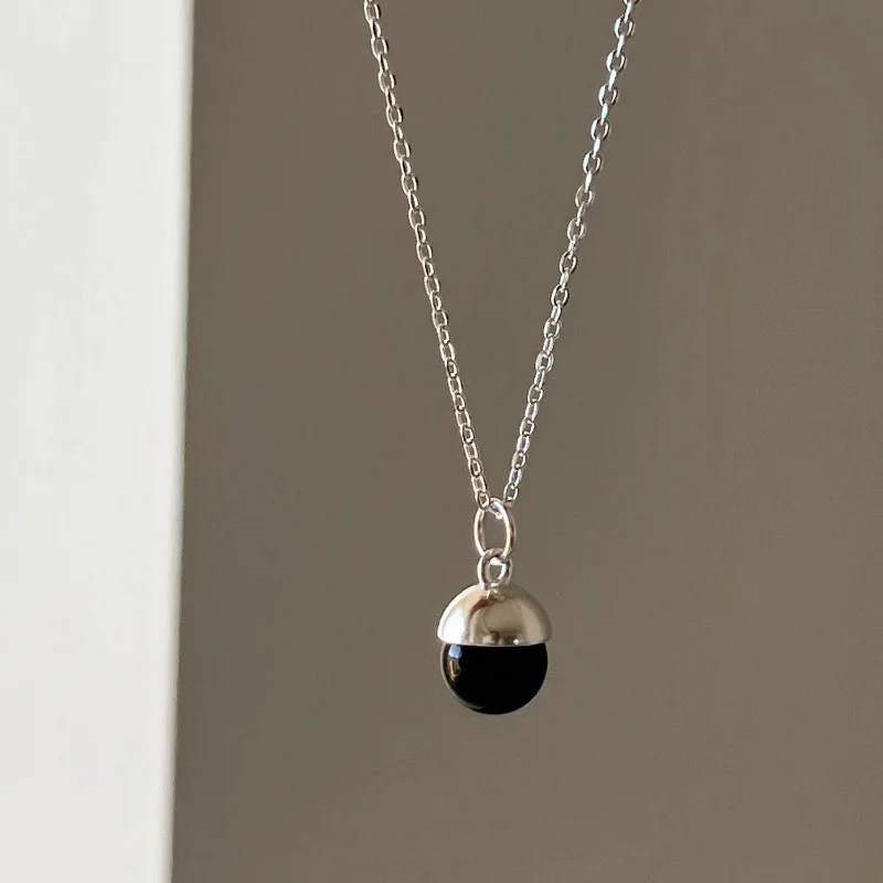 

925 Sterling Silver Necklace Black Ball Simple Pendant Punk Geometric for Women Girl Jewelry Gift Dropshipping Wholesale
