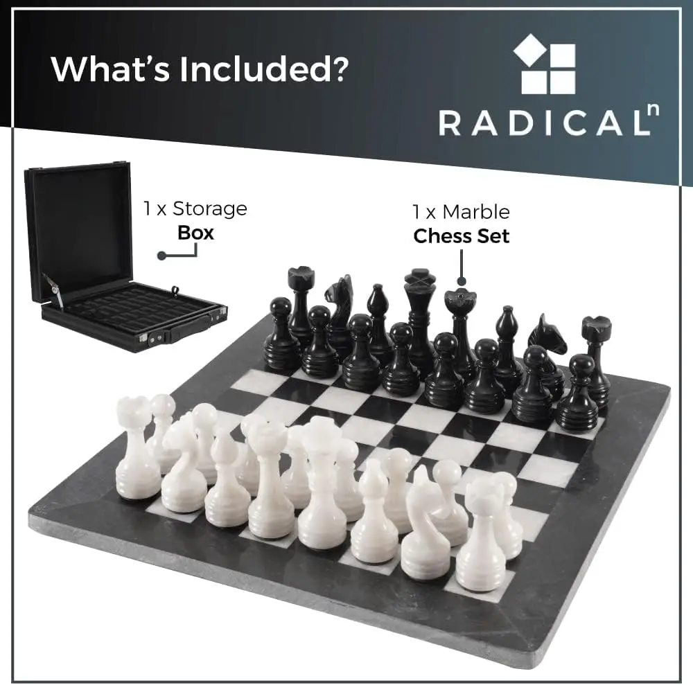 Marble Set with Storage Box 15 Inches Black and White Handmade Sets for Adults -1 Board & 32 Chess Pieces