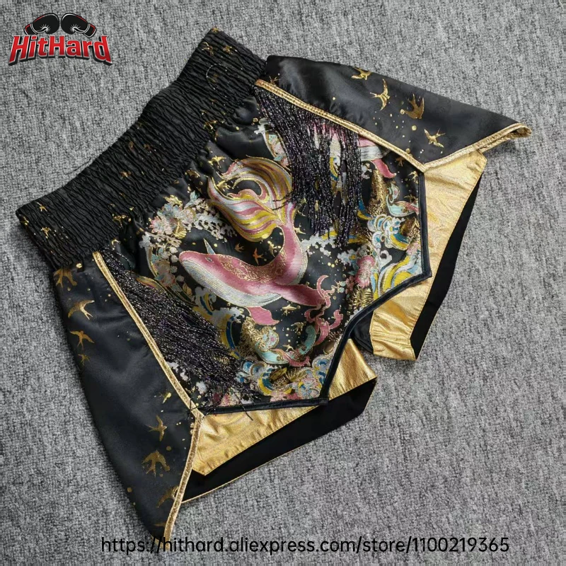 Black Gold Fringe Muay Thai Shorts Printed Boxing Shorts Women's Men's Child Gym Training Sparring MMA Kickboxing Fight Pants