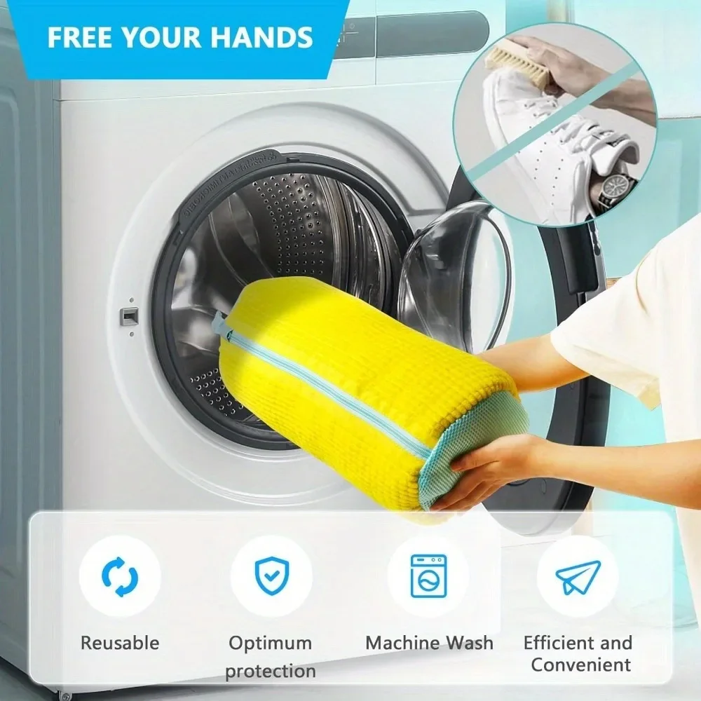 -Durable Shoe Washing Machine Bag for All ShoeTypes-Yellow with Blue Zipper,Ideal for Sneakers and Casual Shoes,Laundry Wash Bag