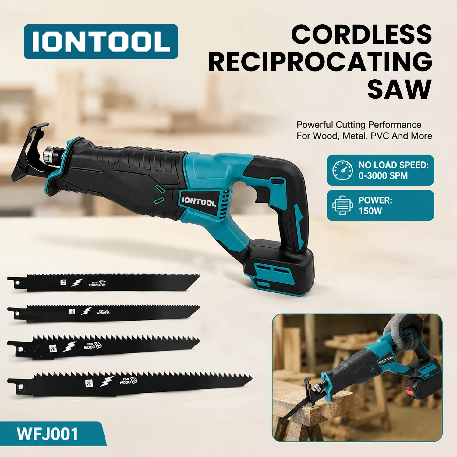 IONTOOL 18V Cordless Reciprocating Saw 3000RPM Electric Power Tool for Wood Log Cutting Lightweight for Makita 18V Battery