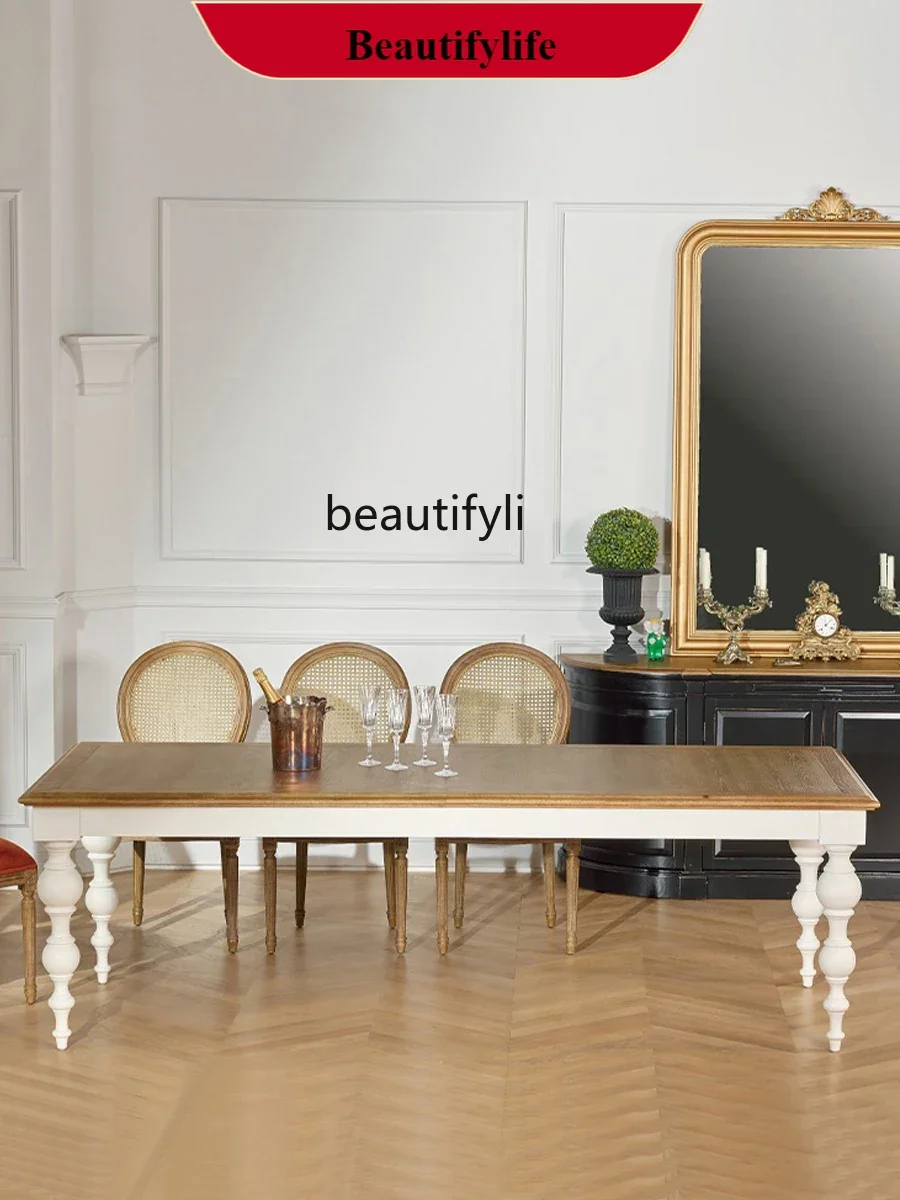 

Q132 Vintage Solid Wood Dining Tables and Chairs Set Household Eating Oak Dining Table French Restaurant Furniture