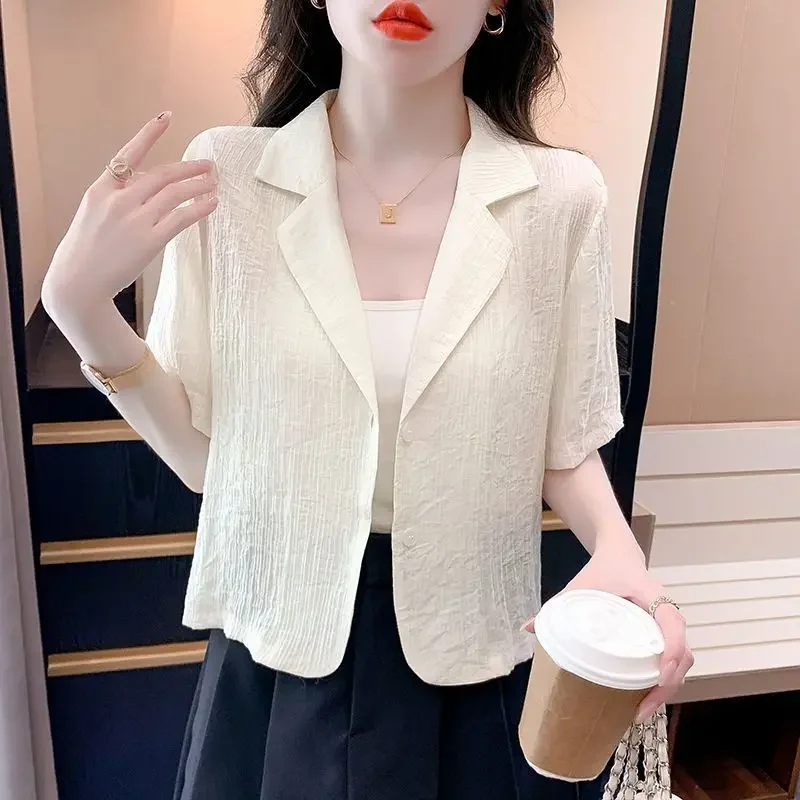 Summer Elegant and High End, Simple Commuting and Leisure Versatile Solid Color Hollow Pit Stripe Short Sleeved Suit Coat B827