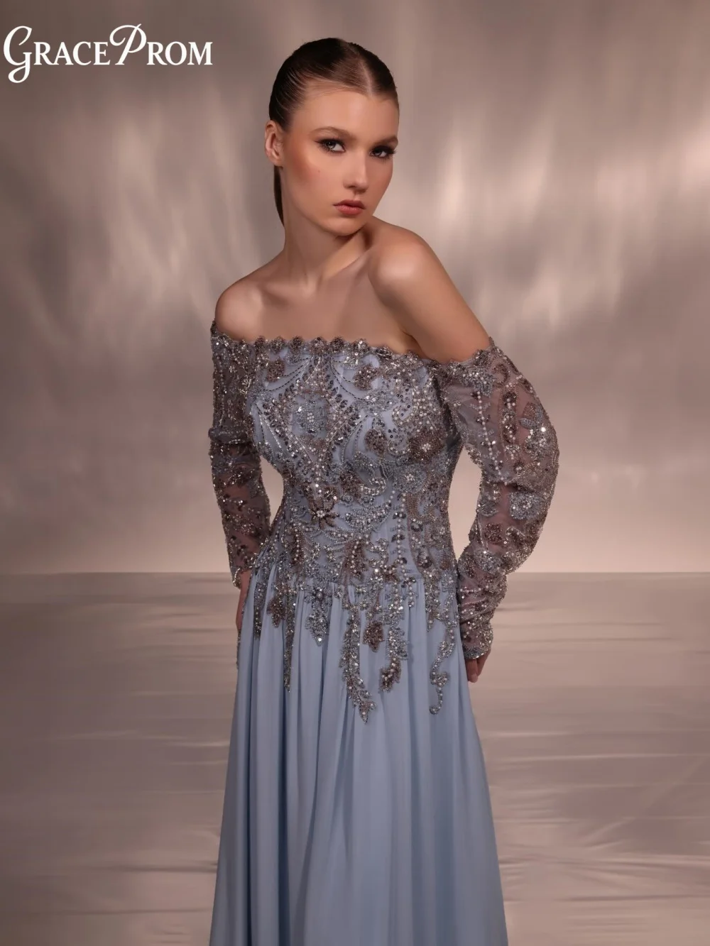 Elegant Off Shoulder Dusty Blue Gown Floral Sheer Sleeve Beaded Bodice Evening Gown Party Dress For Wedding Guests فساتين سهرة