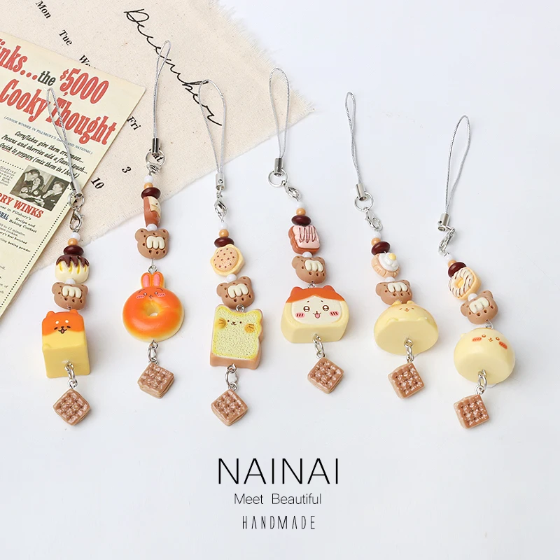 Cute Cartoon Animal Dessert Phone Strap Rabbit  Toast Beads Mobile Phone Hanging Ornaments Best Friend Gift Soft Plush