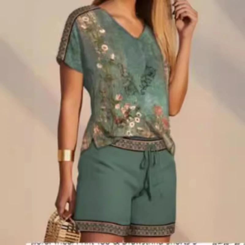 

Короткие комплекты женские с принтом из двух предметов, топ с v-образным вырезом, шорты, костюм с завязками, футболка с v-образным вырезом, повседневная облегающая женская футболка, лето 2025