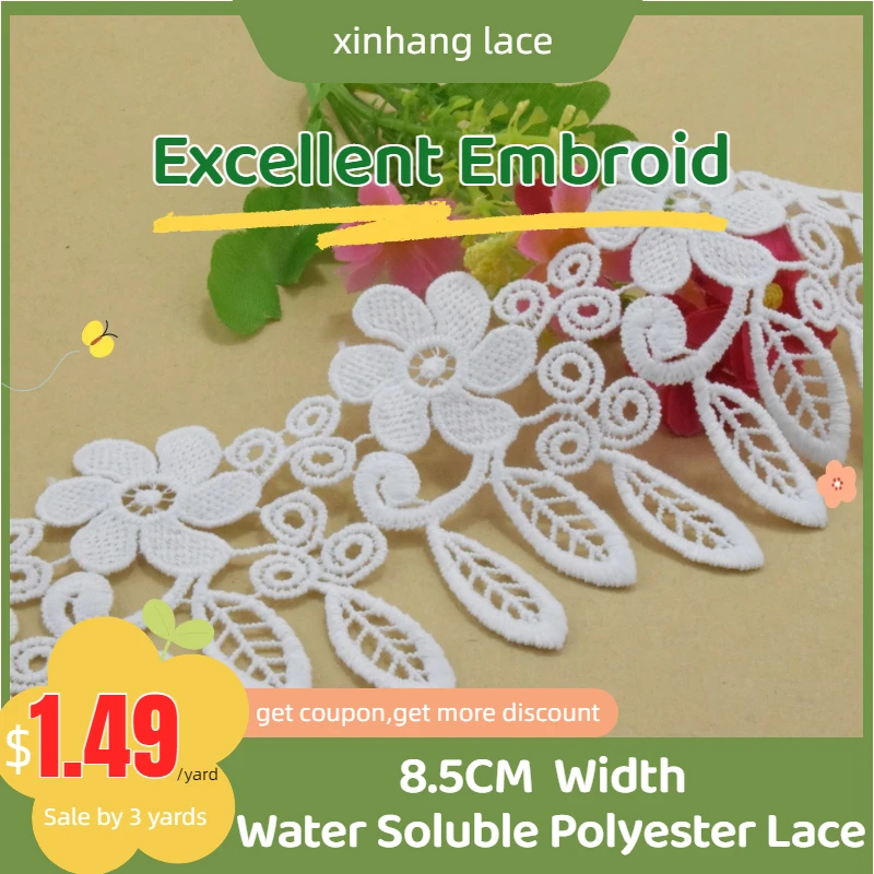 

3yards 8.5cm White Polyester Embroidery French Lace Ribbon Fabric Guipure Diy Trims Knitting Curtain Sewing Accessories#4002