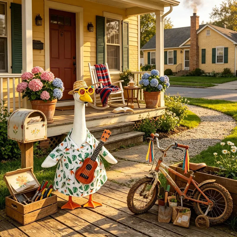 Tropical Leaf Print Porch Goose Set with Straw Hat, Sunglasses & Ukulele, Fits 23 Inch Porch Goose Statue, Summer Yard Decor view 5