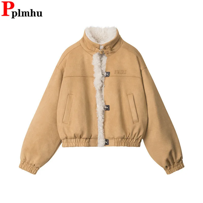 Lambwool Fluff Vintage Cotton Coats Tops Korea Short Thicken Parkas Loose Fashion Chaquetas Winter Warm Women Jackets Casaco