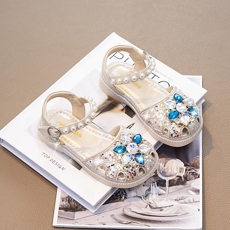 أحذية كاجوال للأطفال صنادل أحذية صيفية من جلد البولي يوريثان للأطفال ترتر كريستالي مسطح قابل للتنفس ومضاد للانزلاق وردي وأزرق مقاس 23-34