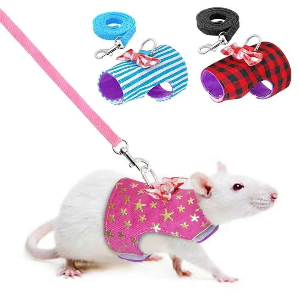 Small Animal Harness and Leash Set Bowtie Star Striped Plaid Vest Leash Traction Rope For Ferret Guinea Pig Bunny Hamster Puppy