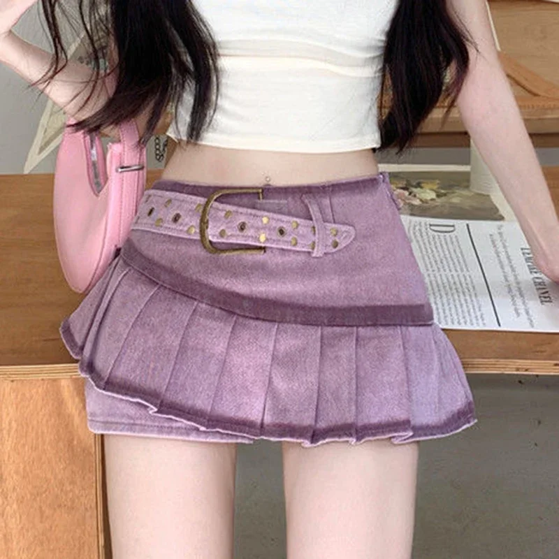 retro  spicy girl denim half skirt for women y2k short skirt design with a cinching waist and purple skirt  y2k clothes