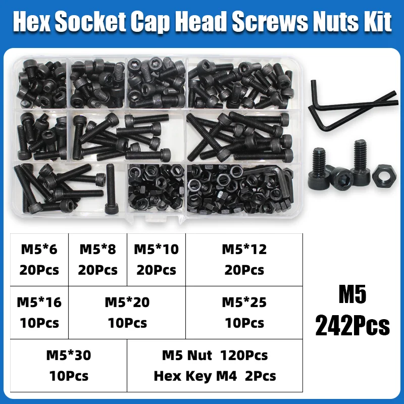 M2 M2,5 M3 M4 M5 M6 Innensechskant-Set Inbusschraube DIN912 Schwarz 12,9 Kohlenstoffstahl Schrauben Muttern Bolzen Unterlegscheibe Sortiment – Detail 12