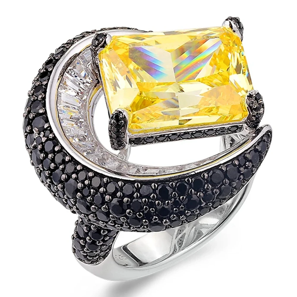 ARIGAYA High Craft S925 Sterling Silver With Black Zircon Sapphire Blue Yellow High Carbon Diamond Moon Rings Boutique Jewelry