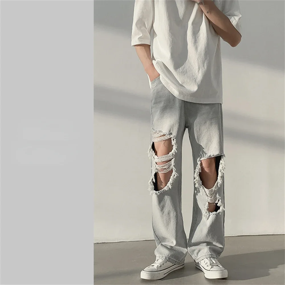 Ripped กางเกงยีนส์ผู้ชายกางเกง Casual Vintage Baggy เสื้อผ้าขาตรงกางเกงเกาหลีแฟชั่น Man Streetwear Pop Harajuku กางเกง