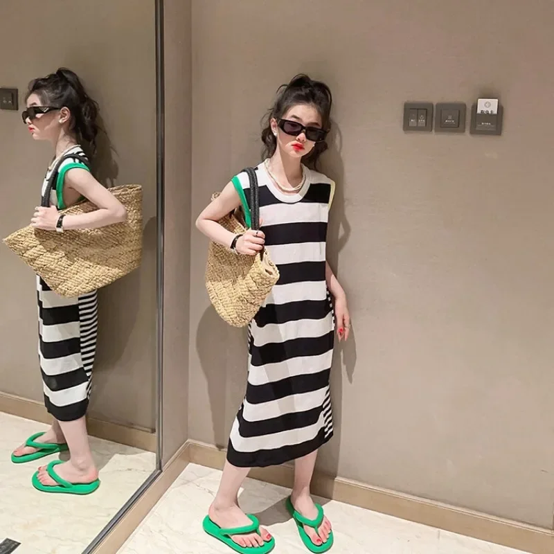 Summer Girls Striped Dress Fashion Sleeveless Vest O-neck Princess Dresses for Kids Casual Design 12 13 Years Children Costumes